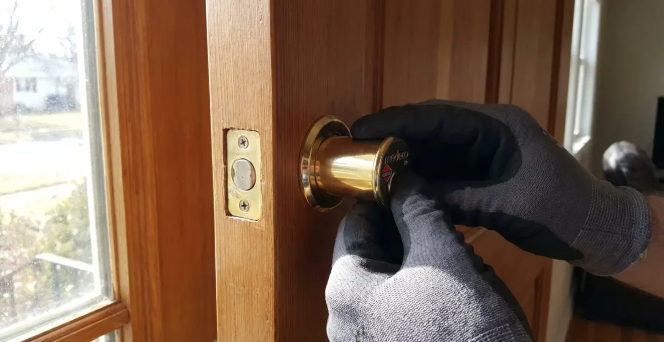 Gros plan sur un cylindre de serrure certifié A2P haute sécurité lors d'un remplacement par un serrurier professionnel