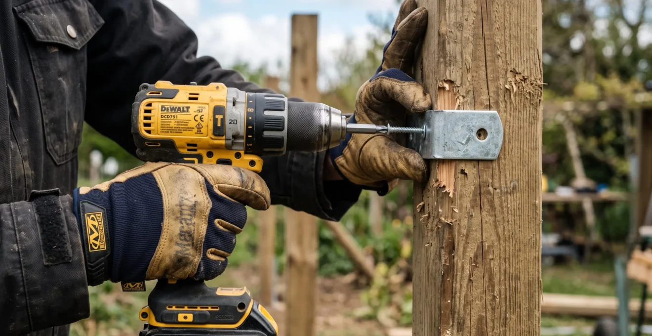 Close-up of professional hands using a power drill to install fence panel brackets on a wooden post