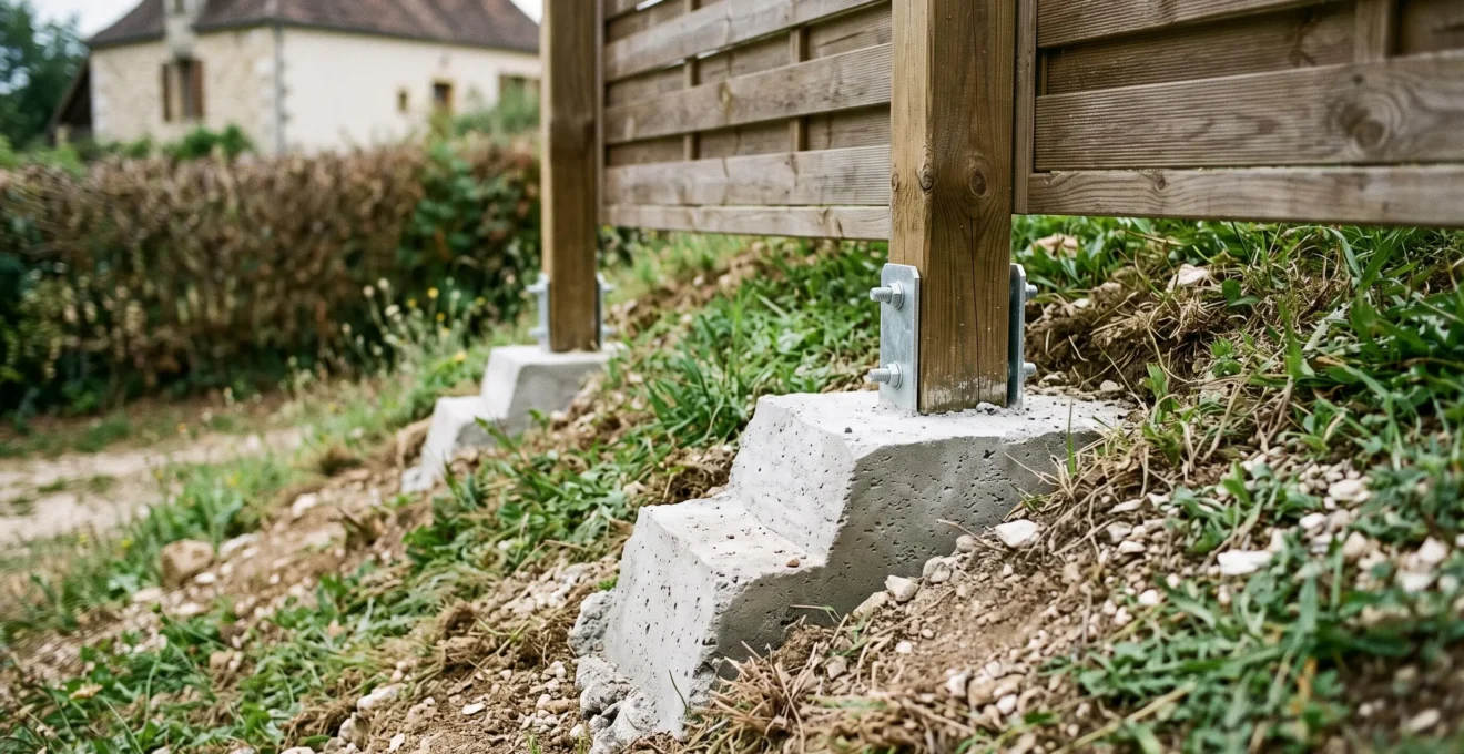 Close-up view of fence posts anchored in sloped terrain showing concrete foundation and adjustment system