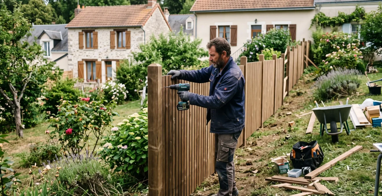 Professional installer working on a wooden fence installation on sloped terrain in a French residential garden
