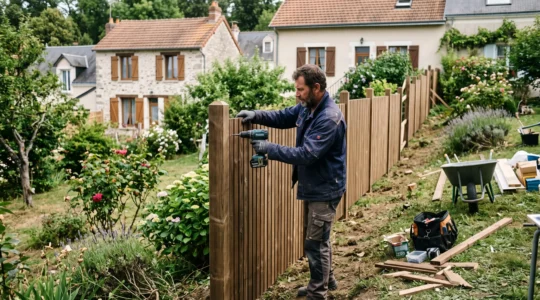 Professional installer working on a wooden fence installation on sloped terrain in a French residential garden